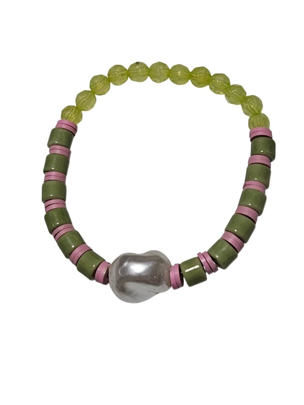 Retro Beaded Bracelet Stretch Silver Tone Chunky Accent 70s Fashion Pink Green